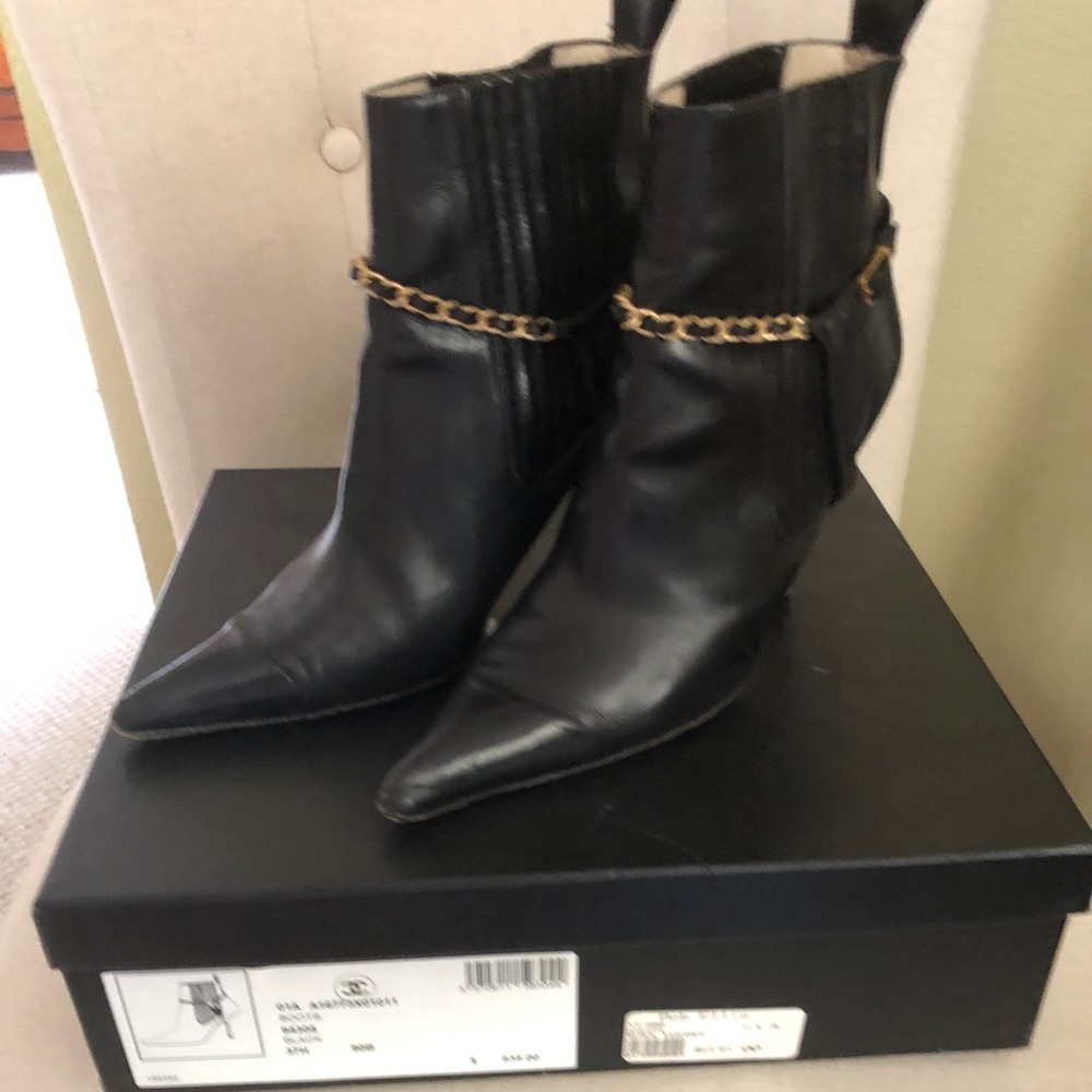 Chanel Ankle Boots with Chain Accent, Size 37